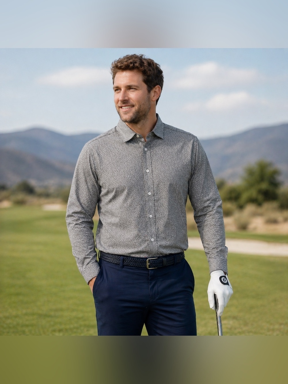 Footjoy 1857 Gray Geo Dot Men’s Lightweight Cotton Button-down Golf Shirt M